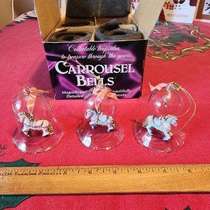 Vintage Carousel Horses Christmas Ornaments Glass Bells 3 in Box J.S.N.Y. 70s